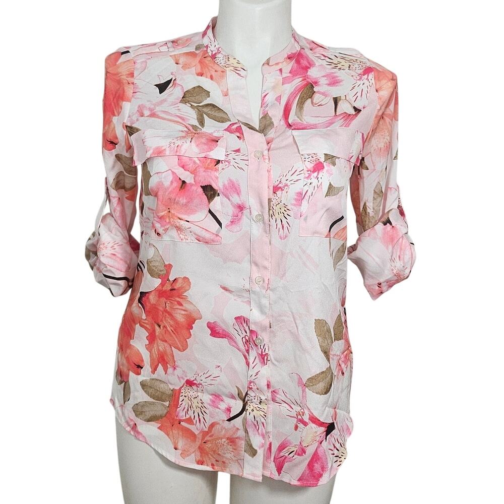 Calvin Klein floral blouse tap sleeve button down sz M